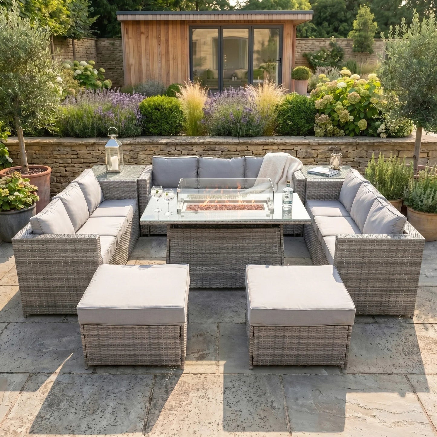 11 Seater Rattan Furniture Set With Firepit – Grey