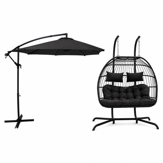 Hanging 2-Seater Egg Chair & Grey 3m Cantilever Parasol Bundle