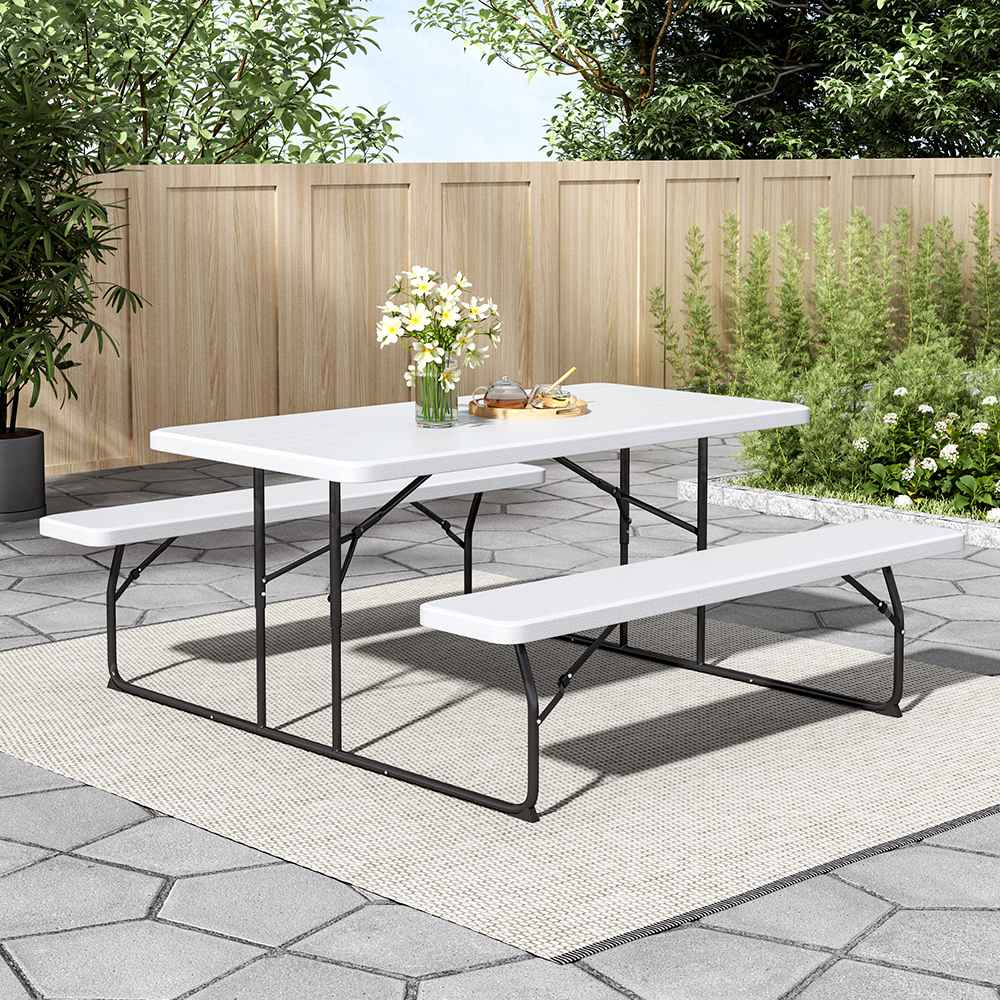 White Foldable Picnic Table & Beige 2.7m LED Parasol Bundle