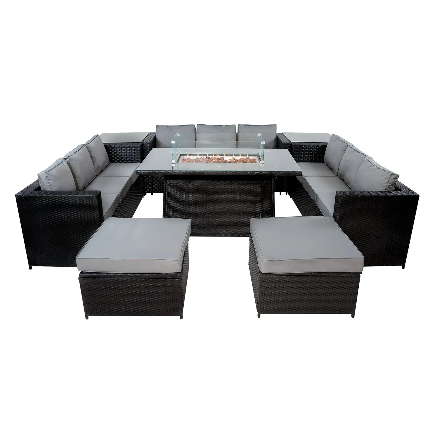 11 Seater Rattan Furniture Set With Firepit – Black