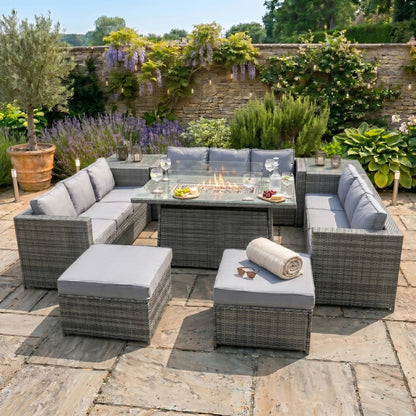 11 Seater Rattan Furniture Set With Firepit – Grey