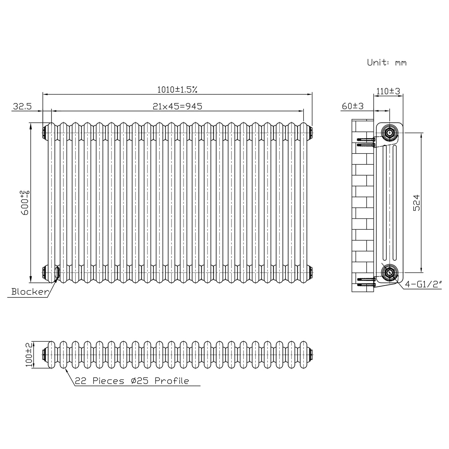 Traditional 3 Column Radiator - 600 x 1010mm - Raw Metal