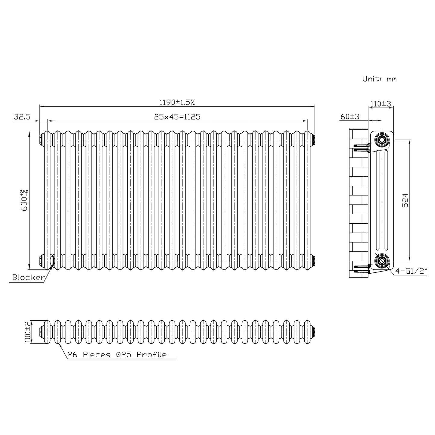 Traditional 3 Column Radiator - 600 x 1190mm - Raw Metal