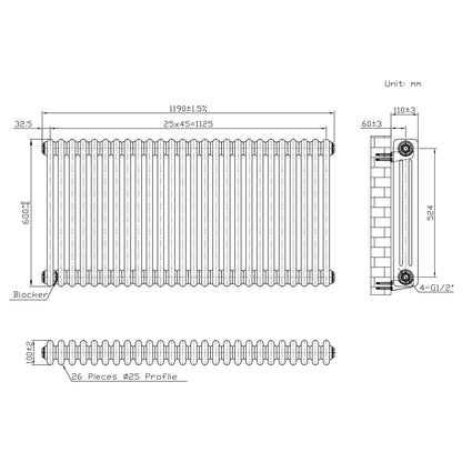 Traditional 3 Column Radiator - 600 x 1190mm - Raw Metal
