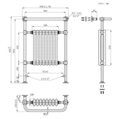 Traditional Heated Towel Rail Radiator – 950mm x 660mm  – Anthracite Grey