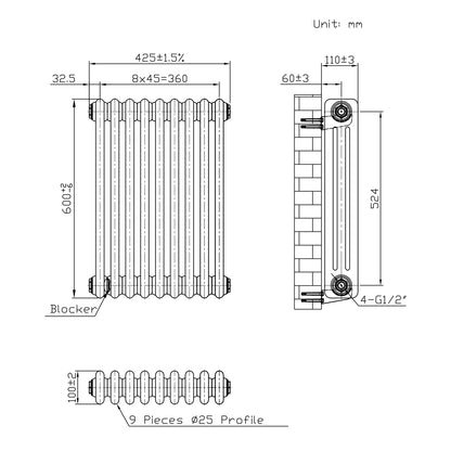 Traditional 3 Column Radiator & Valves - 600mm x 425mm - Raw Metal