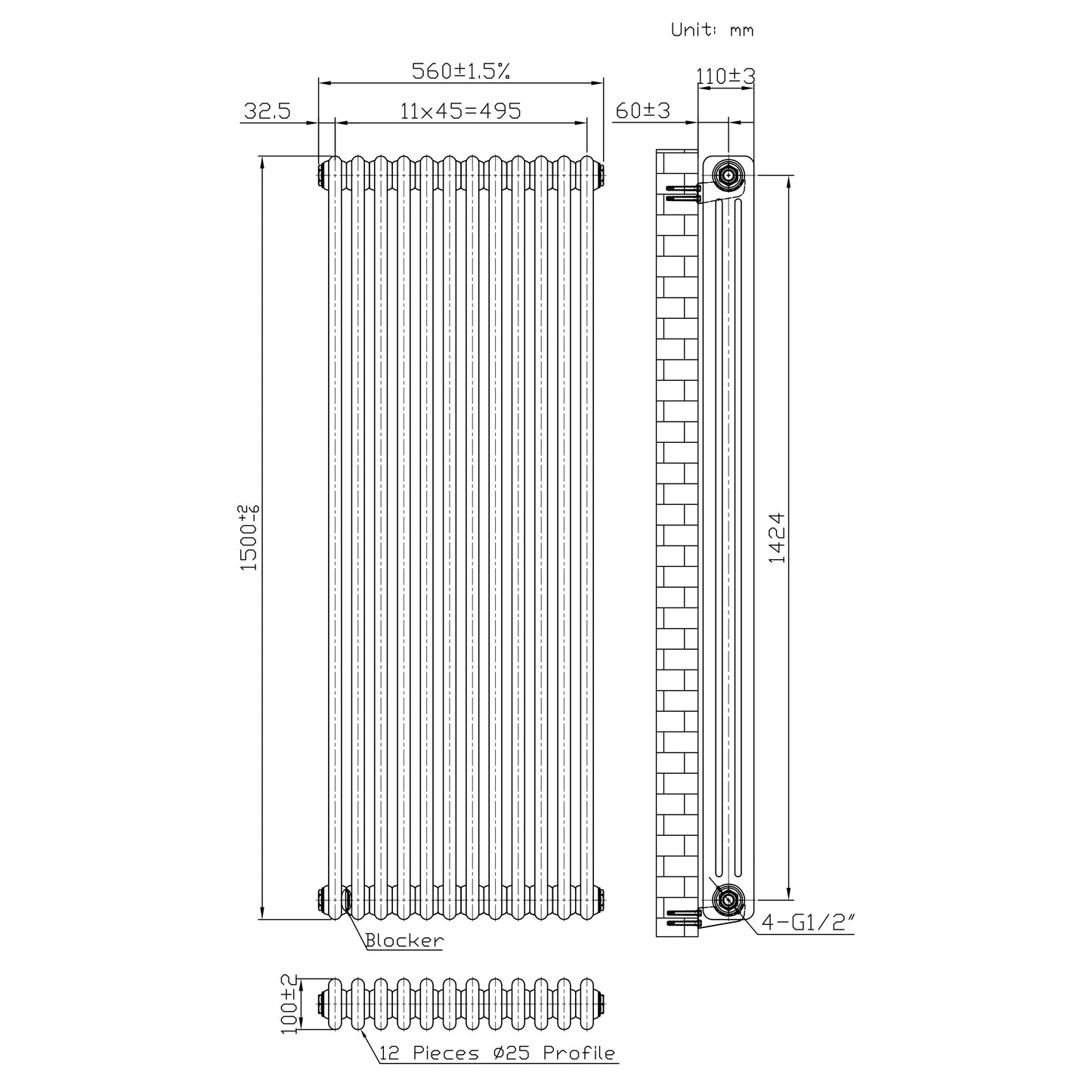 Traditional 3 Column Radiator & Valves – 1500mm x 560mm - Raw Metal