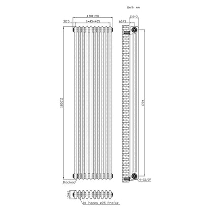 Traditional 3 Column Radiator & Valves - 1800 x 470mm - Raw Metal