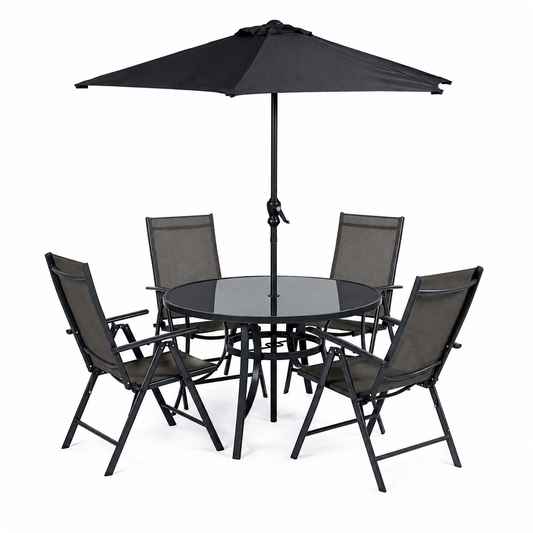 Ancona 4-Seater Dining Set – Charcoal with Parasol