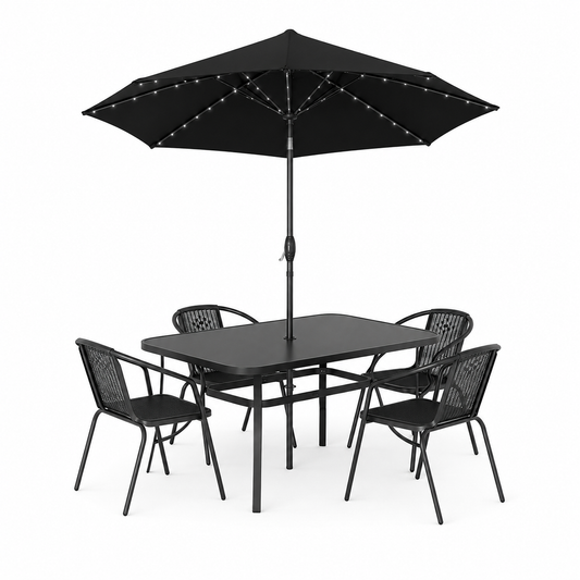 Garden Table & Rattan Chairs & Black 2.7m LED Parasol Bundle