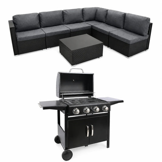 Black Rattan Corner Sofa Set & 4-Burner Gas BBQ Grill Bundle